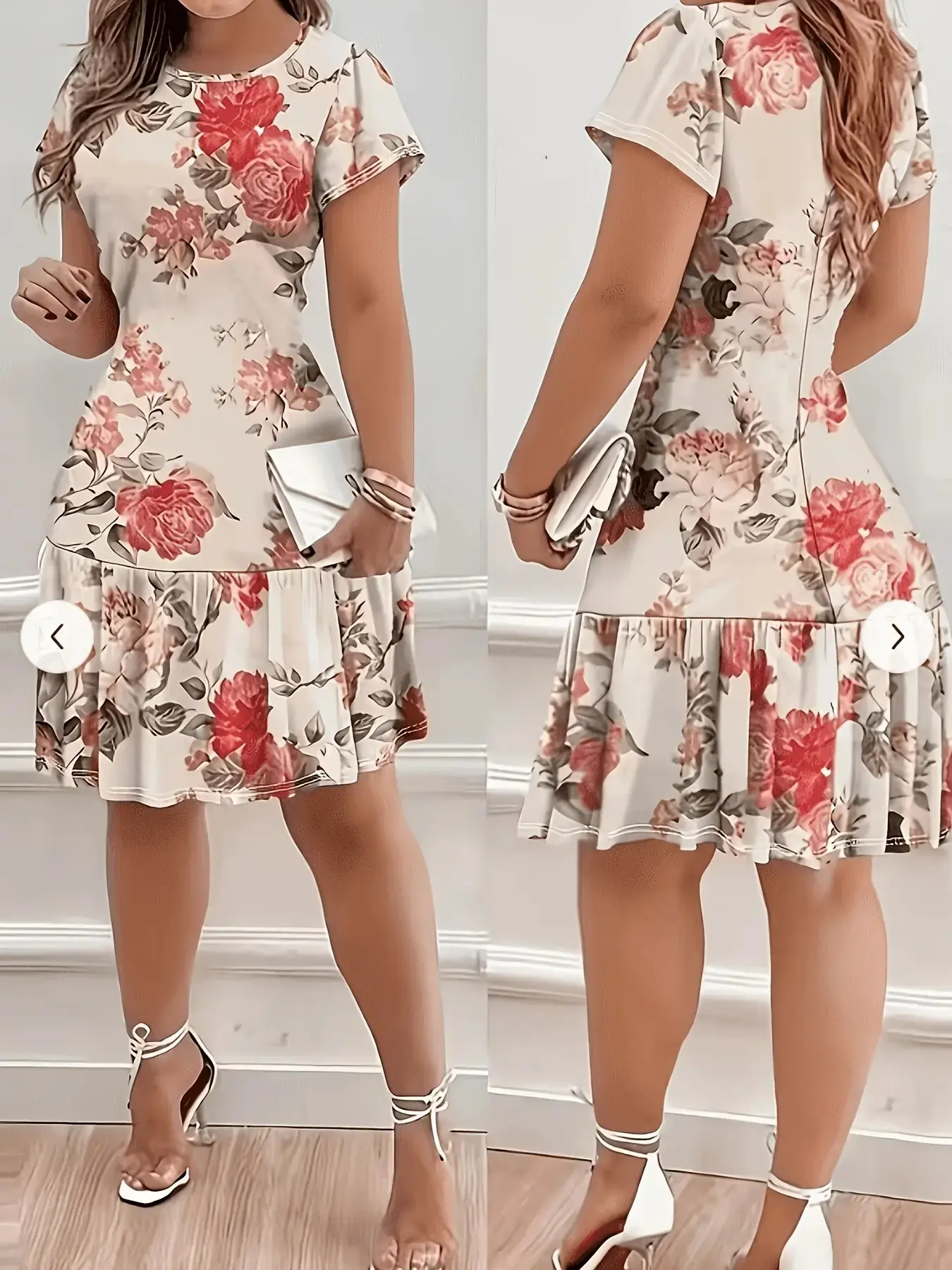 Women's Casual All-Over Print Dress, High Elasticity Knee-Length Short Sleeve Dress, Plain Surface Unlined, Suitable for All Seasons, Summer