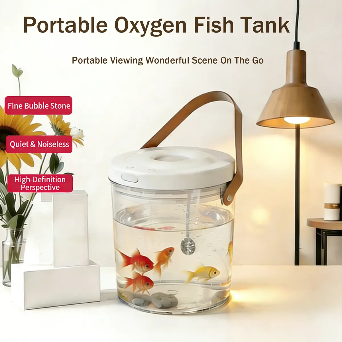 PAWHM Portable Acrylic Oxygen Mini Aquarium - USB-C Rechargeable Fish Tank with 7-Color LED Light, Filter, 2000mAh Battery, Travel Dorm Office Classroom Gadget for Betta Fish, Cylinder