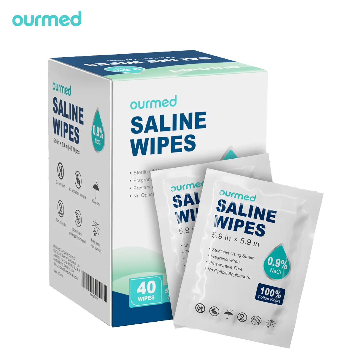 Ourmed Sterile Saline Wipes (40 Count) - Individually Wrapped, Unscented Gentle Cotton Toilet Paper & Wipes, 121℃ Steam Steril, Hypoallergenic for Sensitive Skin, Baby Care, Wound Cleansing, Eco-Friendly Travel Size Stuff
