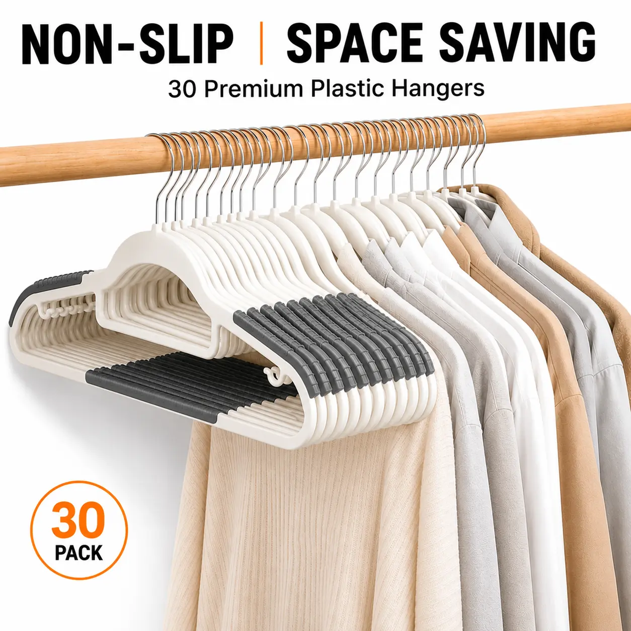 30 Pack Non-Slip Clothes Hangers, Heavy Duty Plastic Hangers with Grip, Space Saving Closet Organizer for Shirts, Coats, Pants & Dresses