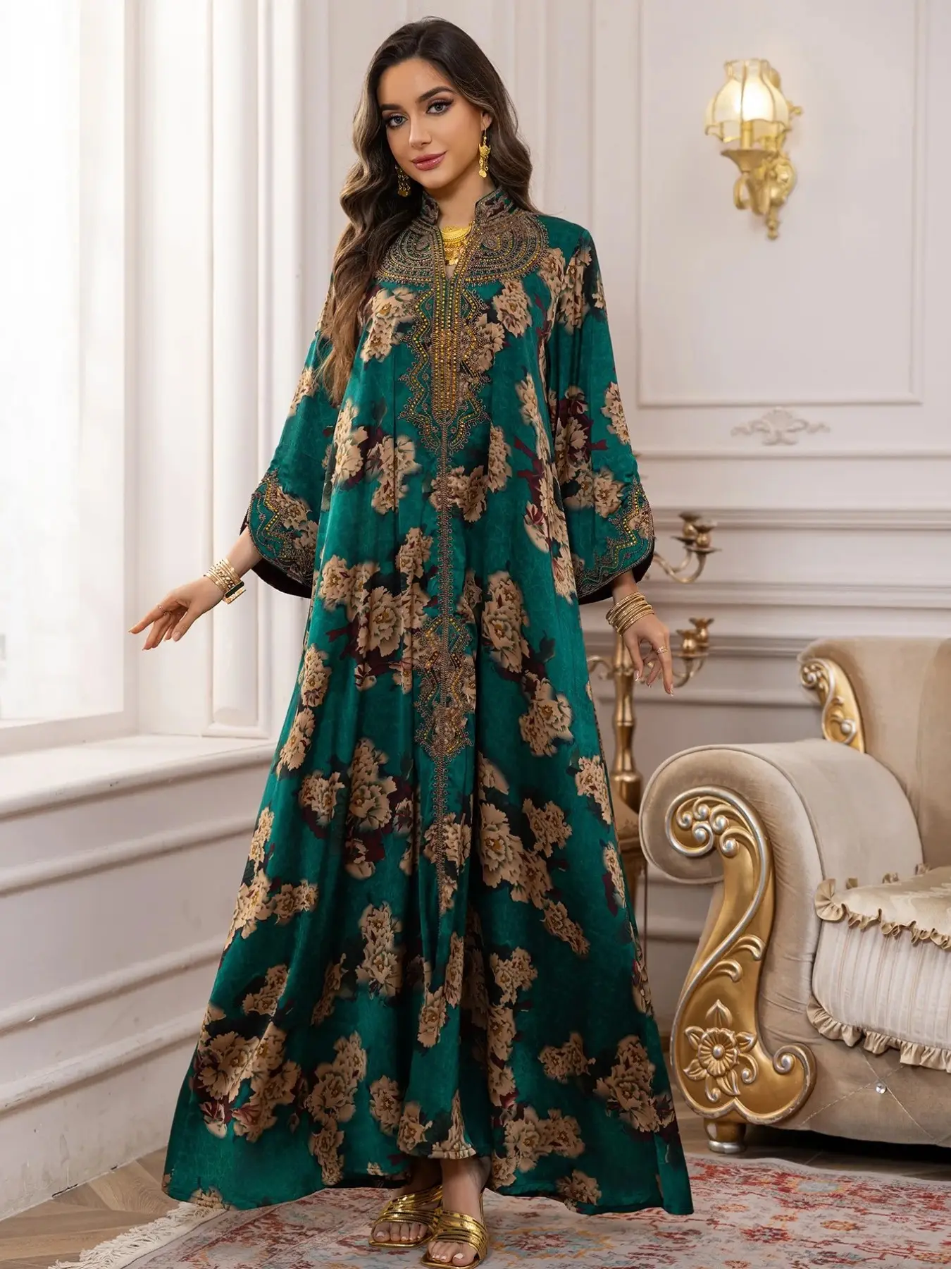Middle Eastern Muslim Fashion Abaya, V-Neck Embroidered Ethnic Long Sleeve Dress, Modest Dresses, Modest Muslim Outfits, Modesty Muslim Clothing, Islamic Muslim Clothing, All Seasons Fitted Glossy Fabric, 103375 Model