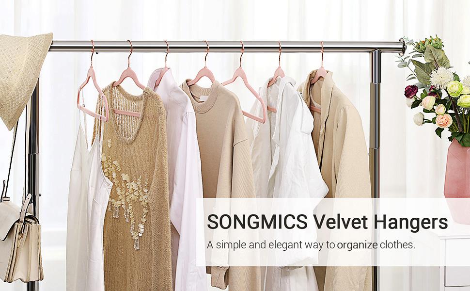 SONGMICS HOME Non-Slip Hangers with Rose Gold-Colored Swivel Hooks, Slim Space-Saving Hangers, Velvet Hangers for Closet