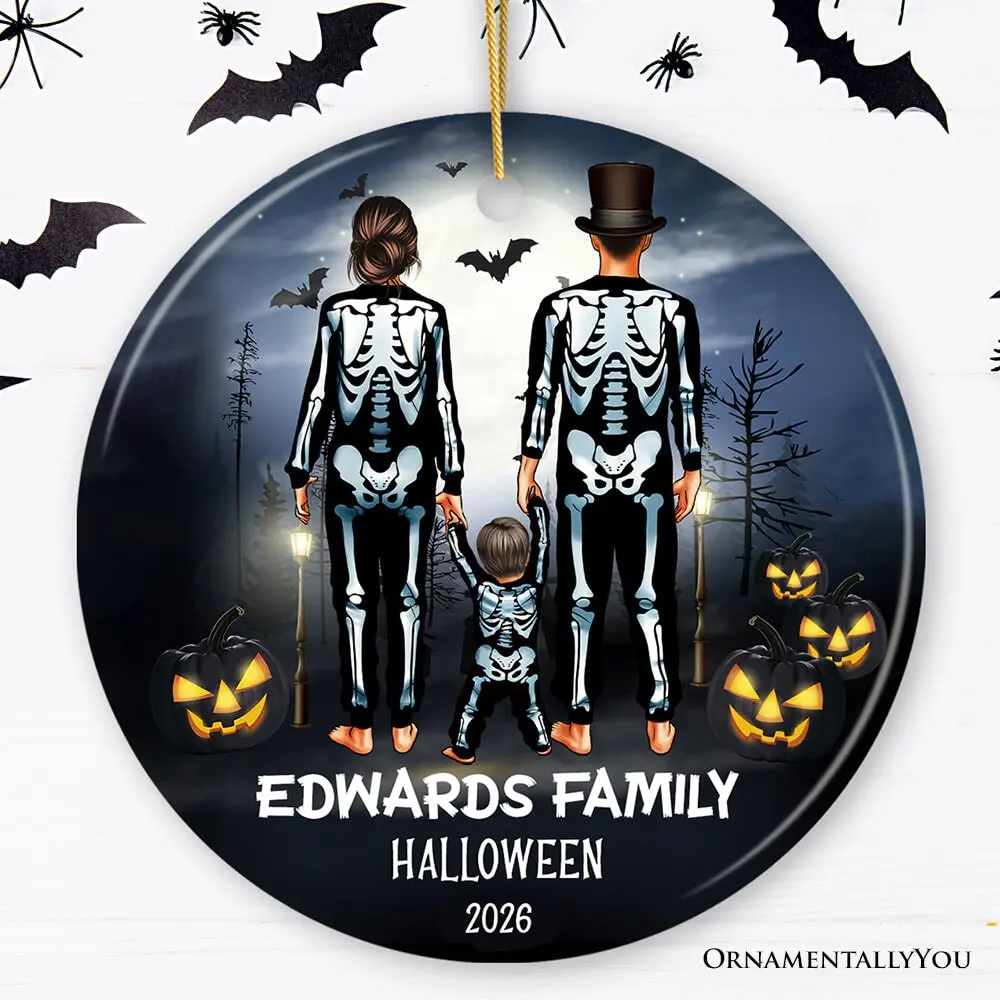 Spooky Family Customized Horror Theme Ornament, Halloween Tree Decoration, Skeleton Pajamas
