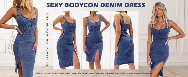 utcoco Denim Dress for Women Sleeveless Side Slit Bodycon Midi Jean Dresses for Women 2026