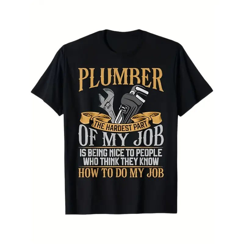 Menswear Vintage Plumber Top - Men's & Women's 100% Cotton 220gsm Heavyweight Round Neck Shortsleeve, Funny "The Hardest Part of My Job" Saying, Plumbing Tools & Wrench Print (Black with Yellow/White), Streetwear Casual Workwear