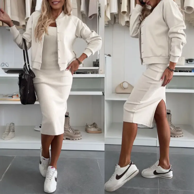 CHICME 2 Pieces Outfit Bomber Jacket Square Neck Sleeveless Slit Back Stretchy Bodycon Dress and Button Front Wedding Guest Baseball Sporty Coat Wedding jacket set/Sporty Bomber Jacket and Dress Set