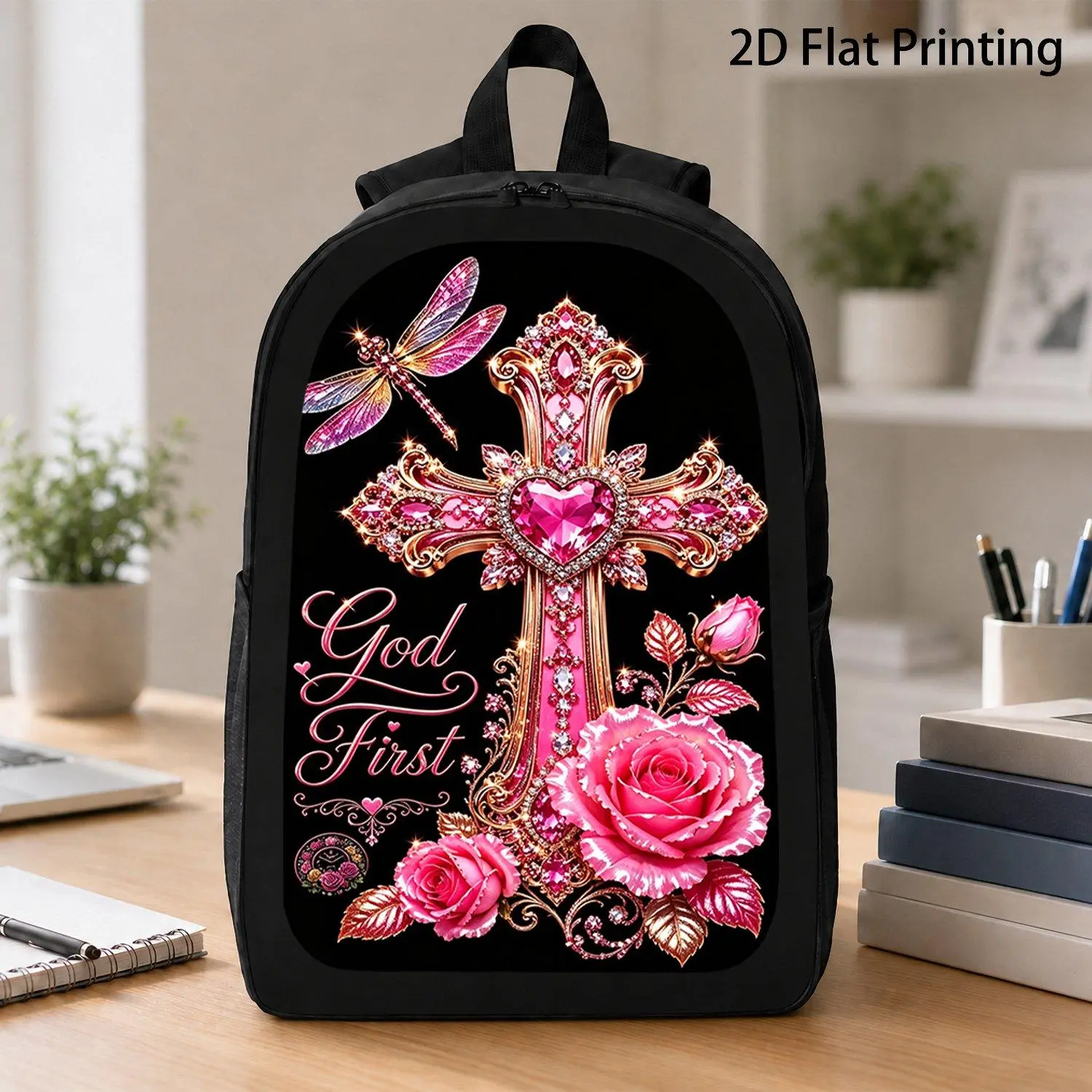 (Printed Design - Not Textured) 1pc Printed Backpack with Pink Jeweled Cross Rose Dragonfly God First Pattern for Daily Travel Use