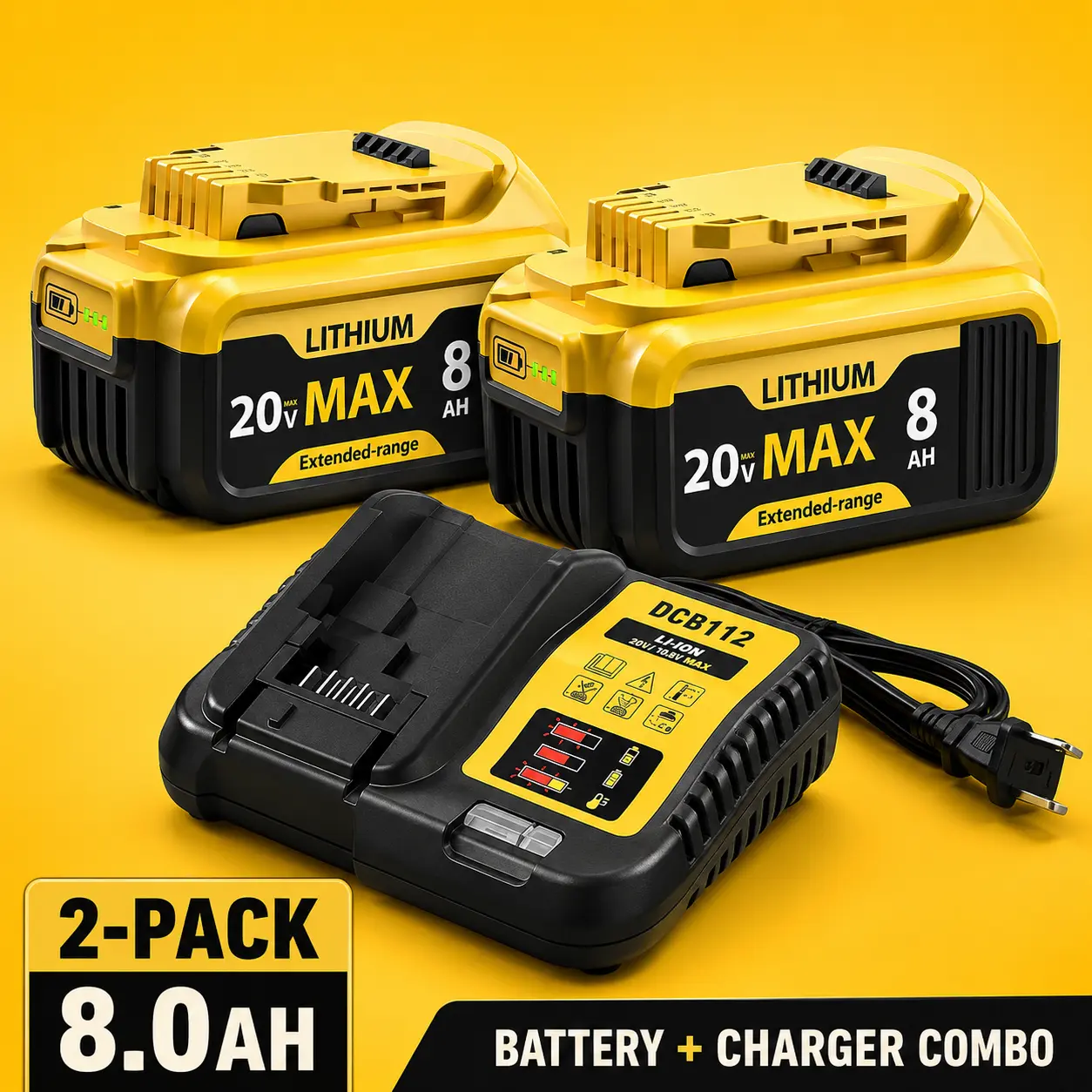 DeWalt 20V MAX Compatible Replacement Battery 2 Pack, 8.0Ah Lithium Ion Battery with Smart Charger, High Capacity Power Tool Battery Pack, LED Indicator, Replaces DCB205 DCB206 DCB200, 1-Year Warranty