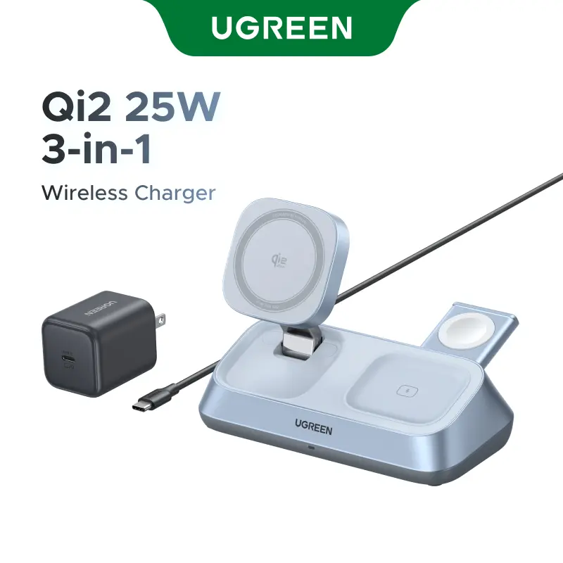 UGREEN 25W Qi2 Certified 3-in-1 Magflow Wireless Charging Stand, Magsafe Fast Wireless Charger for iPhone 17/16/15/14/13/12, AirPods and Apple Watch, Desk Stand with Adjustable Angle,（No battery）TikTokShopBlackFriday ,TikTokShopJumpstartSale