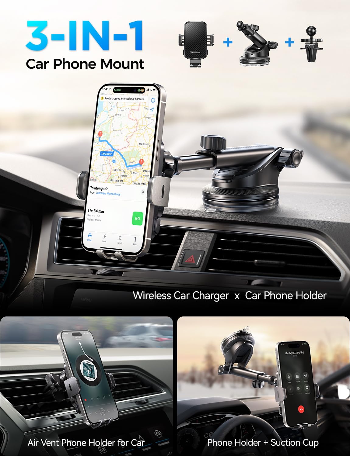CHGeek Wireless Car Charger with Phone Holder Mount, 15W Fast Charging Auto Clamping Phone Holders for You Car Windshield Dashboard Air Vent Accessories for iPhone 16/15/14/13/12/11/Pro Max/XS Max/XS, Samsung Galaxy, Google, etc