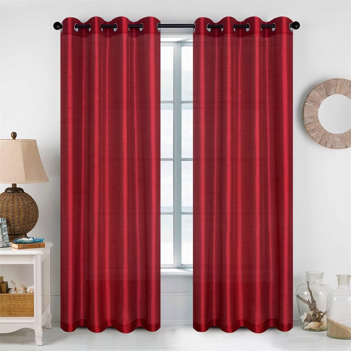 Semi Sheer Faux Silk Curtains, 2 Panels Set with Grommet Top for Light Filtering & Privacy luxury minimalist style drape Textured Room Darkening Curtain Blackout Linen Textured Curtains Semi-Sheer rubber print foil backing langsir bidai blackout sheer Rin