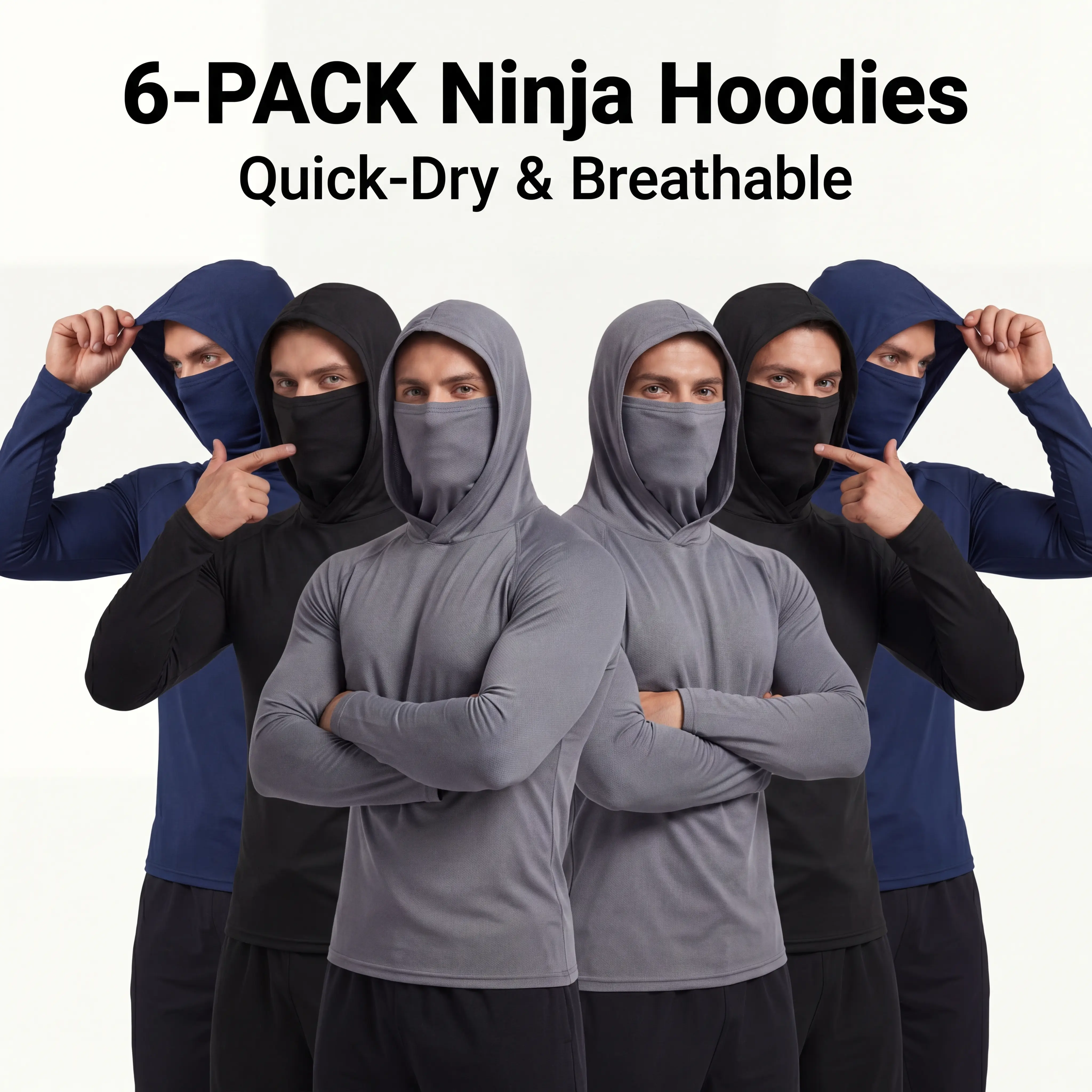 Men’s 6-Pack Hooded Sweatshirts with Face Mask & Dust-Block Hood - Premium Spandex-Blend, High-Elasticity, Quick-Drying, Breathable, Sweat-Wicking Cool Fabric - Neck Gaiter, Flexible Fit Supports Hard Work - For Construction, Fishing