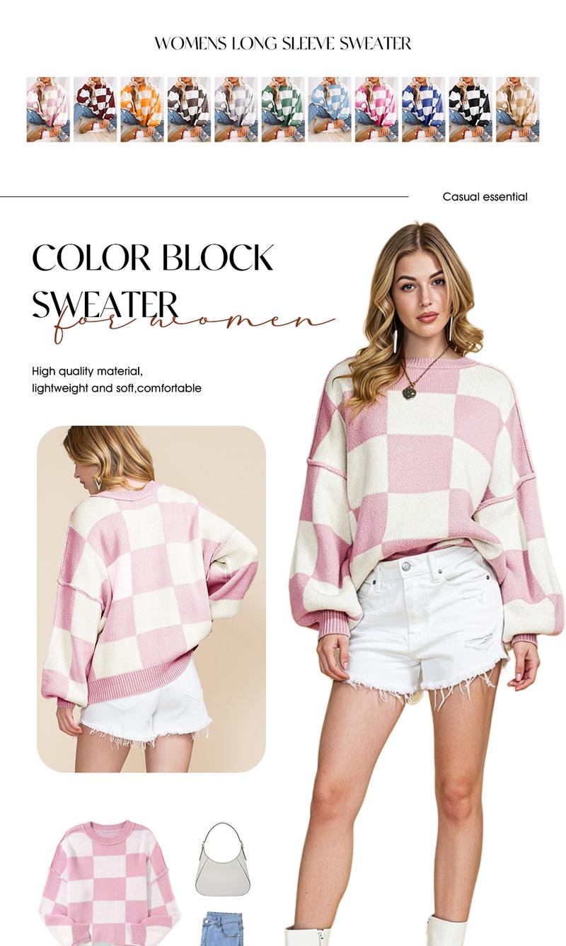 Shewin 2026 Cozy Oversized Checkerboard Knit Sweater Women's Soft V-neck Long Sleeve Pullover Perfect for Layering & Casual Outfits