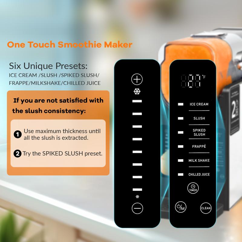 Slushie Machine 54oz Capacity With 6 Preset Settings: ICE CREAM, SLUSH, SPIKED SLUSH, Frappe, MILKSHAKE, AND CHILLED JUICE. Auto-Clean, Intelligent Interface With Digital Display And Stainless Steel