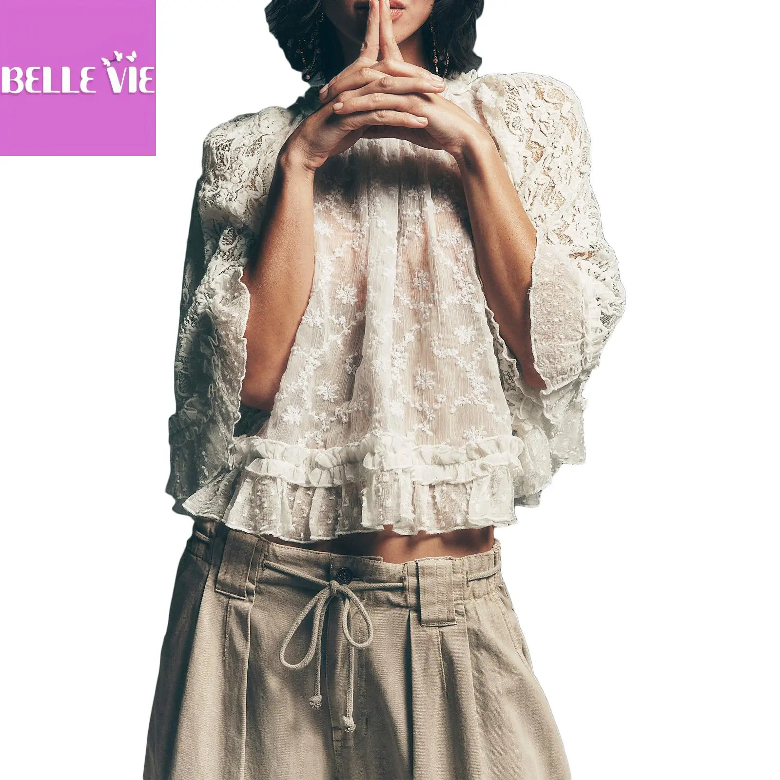 Women's Flowy Boho Sheer Lace Blouse with Comfortable Long Flared Ruffle Sleeves, Round Neck for Parties, Longsleeves, Party, Style, Trendy Blouses, Elastane, Long Sleeve Tops, Going Out Chic Tops, M, Lace Top