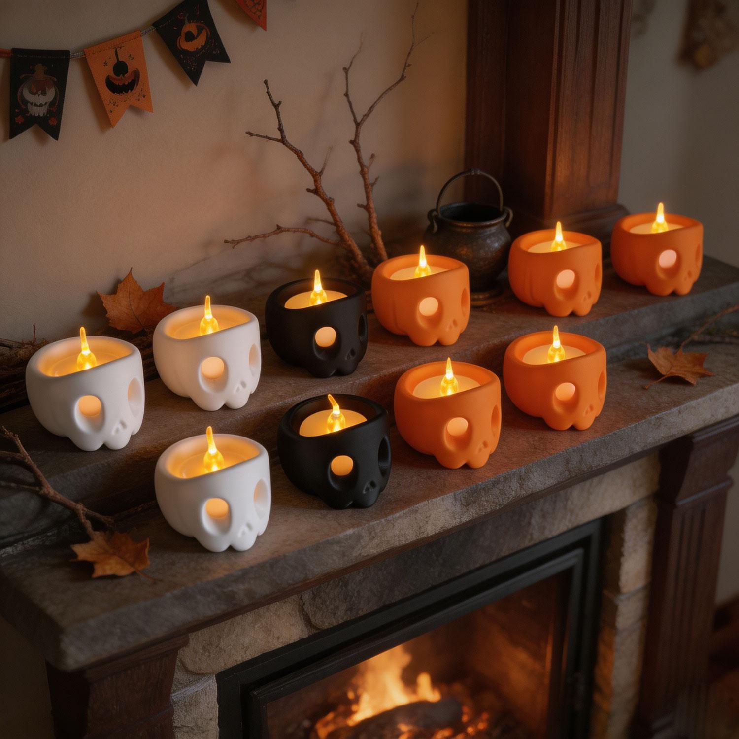 3D Printed Skull Tealight Candle Holder Set, Halloween Spooky Skeleton Candle Holders, Gothic Home Table Decor for Halloween Party Decoration
