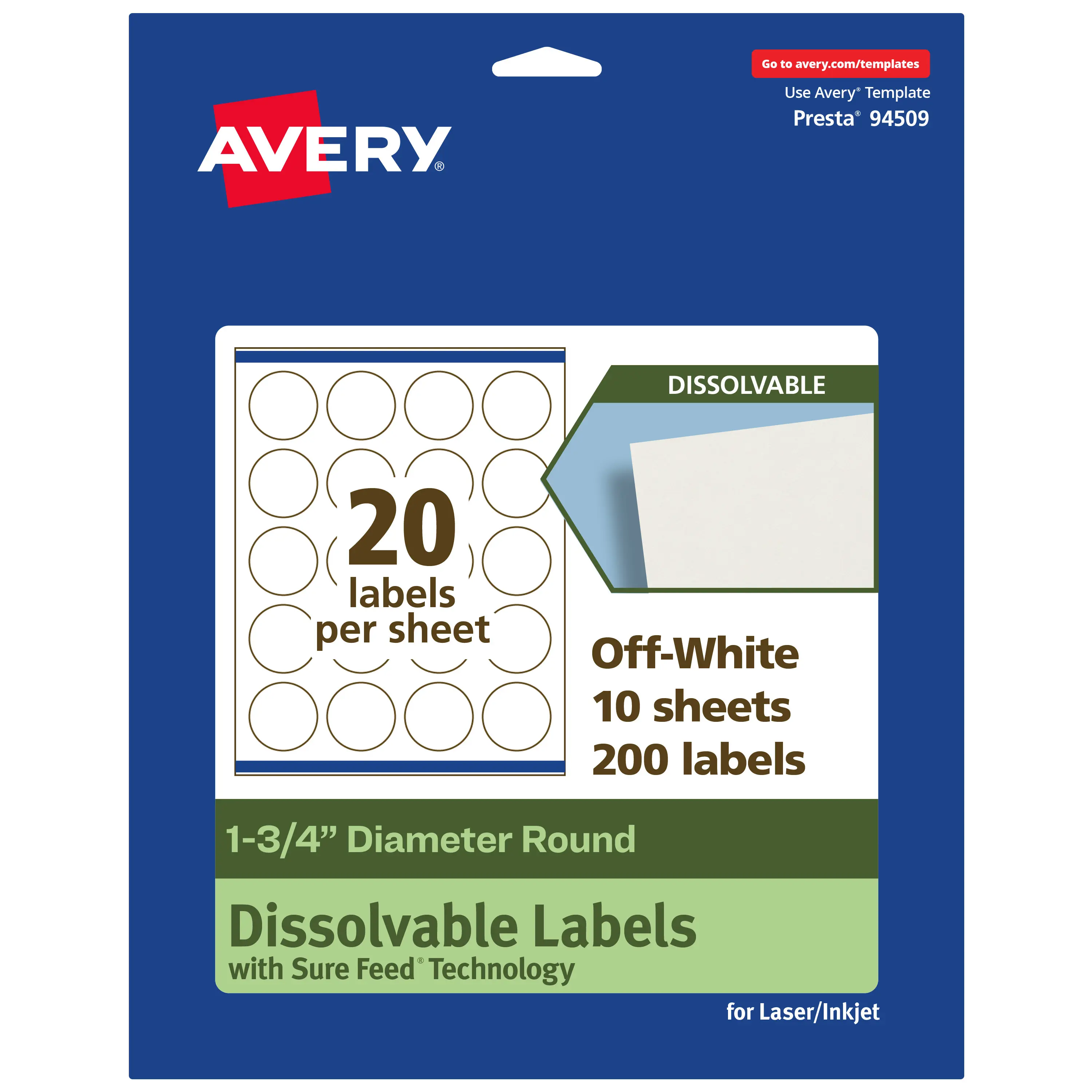 Avery Eco-Friendly Dissolvable Round Labels, 1.75" Diameter, Laser/Inkjet Compatible, FDA-Compliant Adhesive, Dissolves Fast in 30 Seconds, Easy Cleanup, for Business Owners, Food Service Use, Eco-Friendly Labels, Freezer-Safe