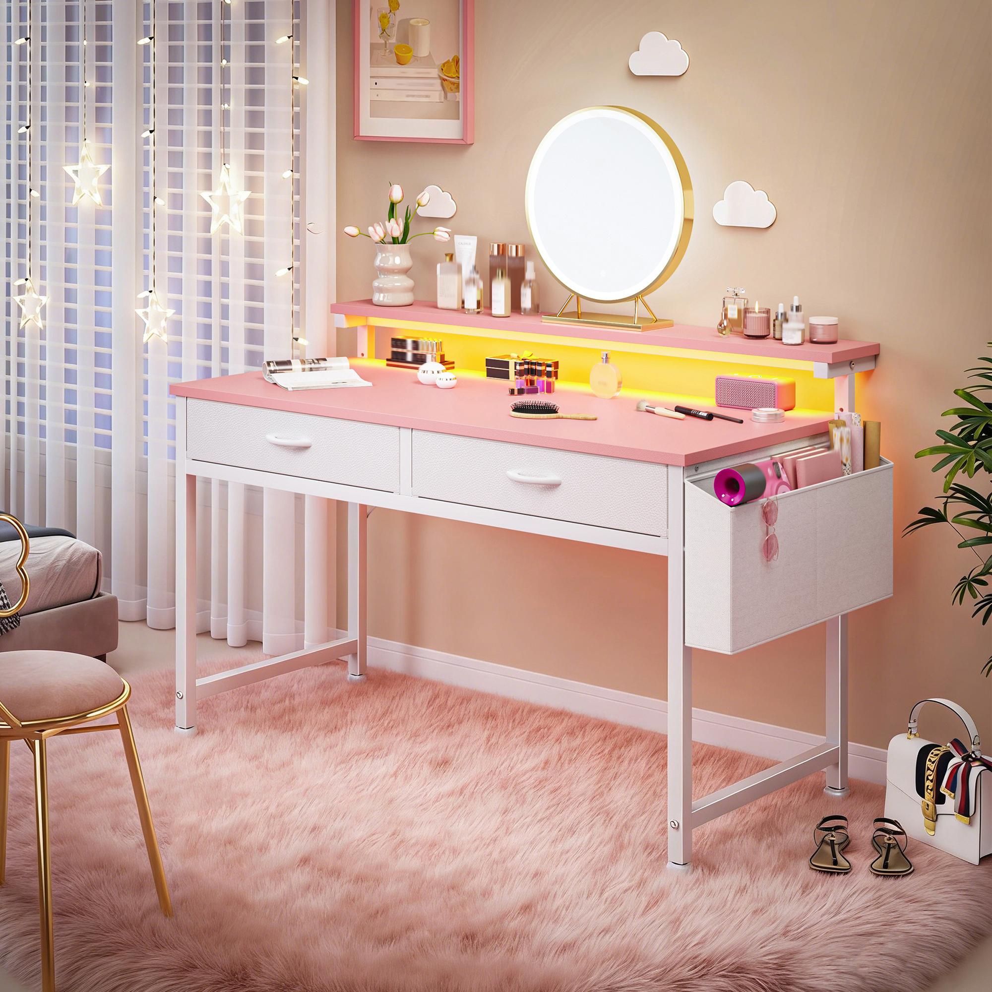 【Vanity & Computer Desk】31.5'' Gaming Desk with LED Lights in Dorm & Tiny home,Computer desk with 2 Storage Drawers,Home Office Desk with Side Pocket & Ergonomic Monitor Stand,Writing Table with Anti-Tip Design, Nice gift for Women and Teens