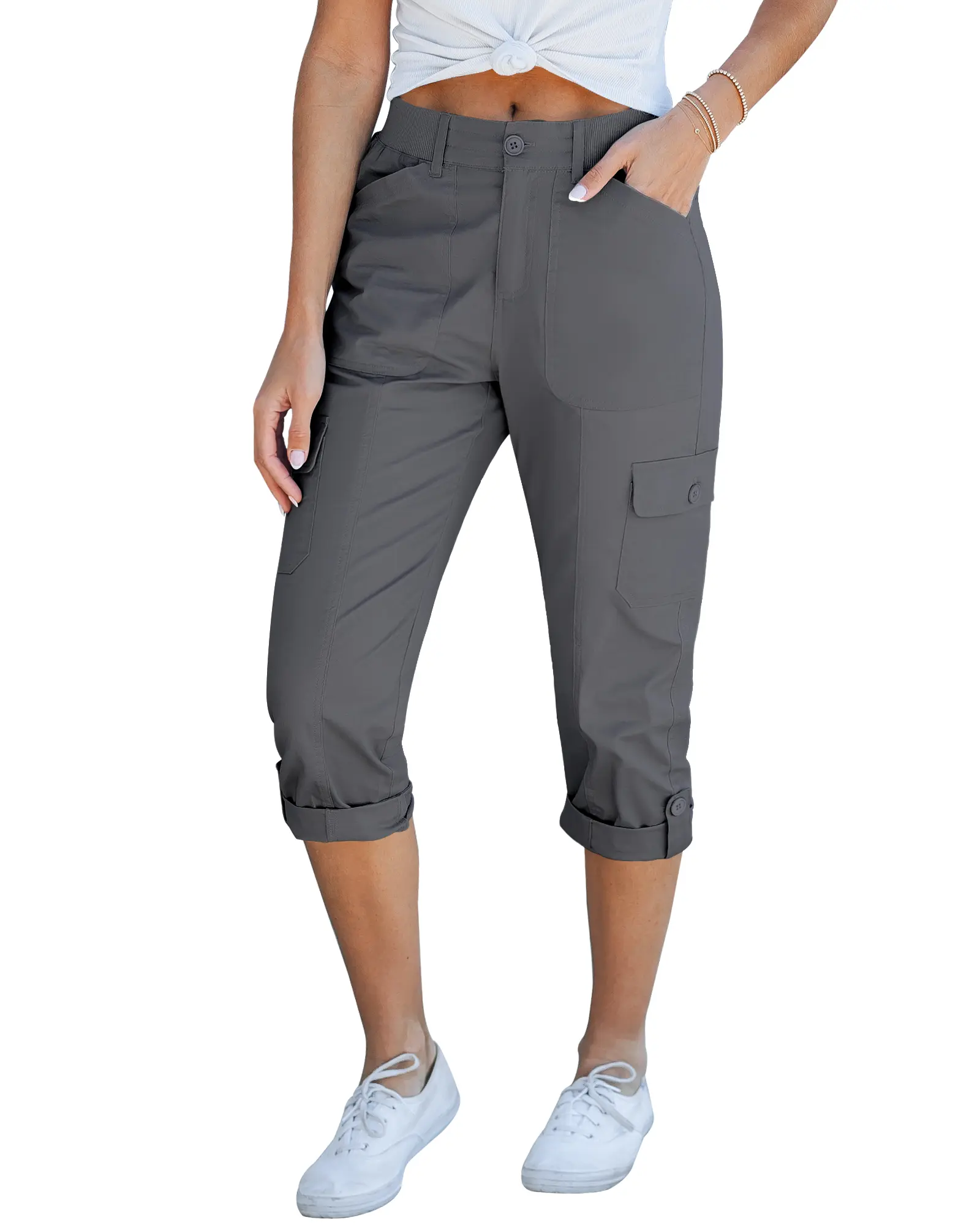 GRAPENT Women's High-Waisted Cargo Capri Pants - Stretchy, Relaxed-Fit, Elastic Knit Waist, Deep-Pocketed Elevated Casual Bottoms for Women's Clothes, Bottom,summerwins,summeroutfits,vacationoutfits,beachoutfits,back to school shopping backtoschool
