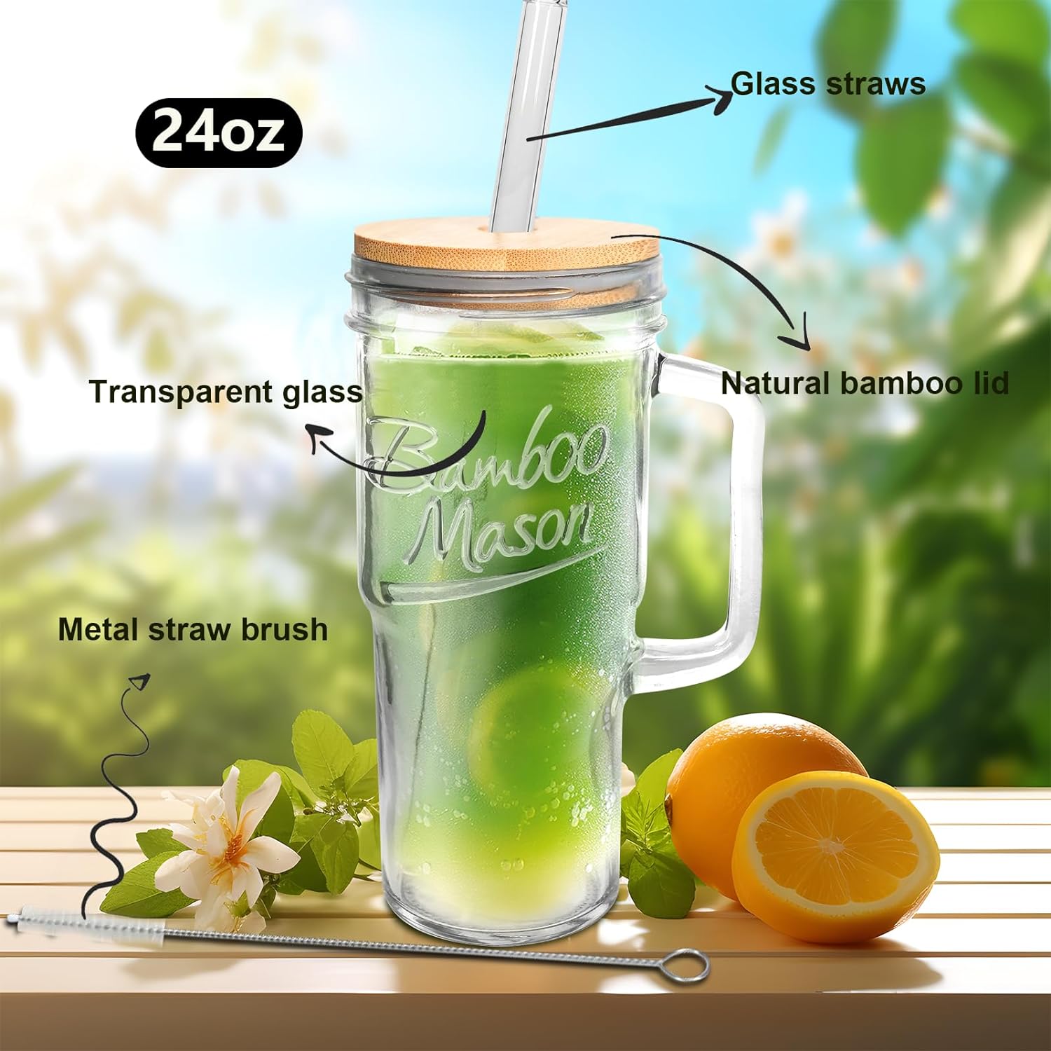 ANOTION 24oz Glass Cups with Lids and Straws with Handle  -Tumbler Coffee Cups Mason Jar Cups Drinking Set Coffee Bar Accessories