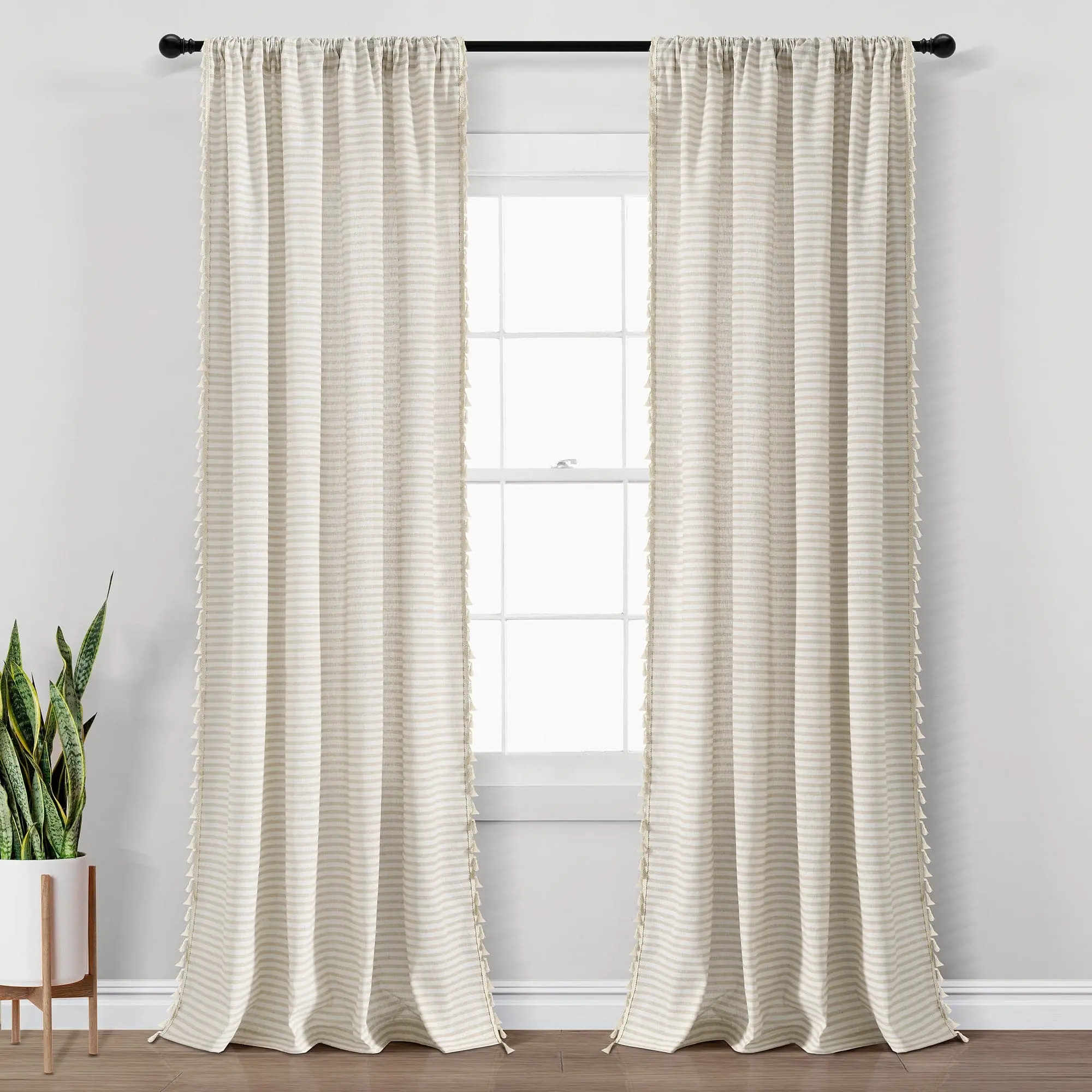 Lush Decor Boho Coastal Horizontal Ticking Stripe Faux Linen Window Curtain Panel Set (84x52in) with Textured Tassels, Shutter Blinds Compatible, for Room & House Decor, Bedroom Inspo & Window Decorations Supplies