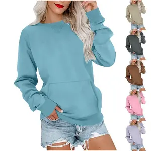 Women's round neck hoodless kangaroo pocket wool long sleeved oversized casual shirt women's hooded sweatshirt