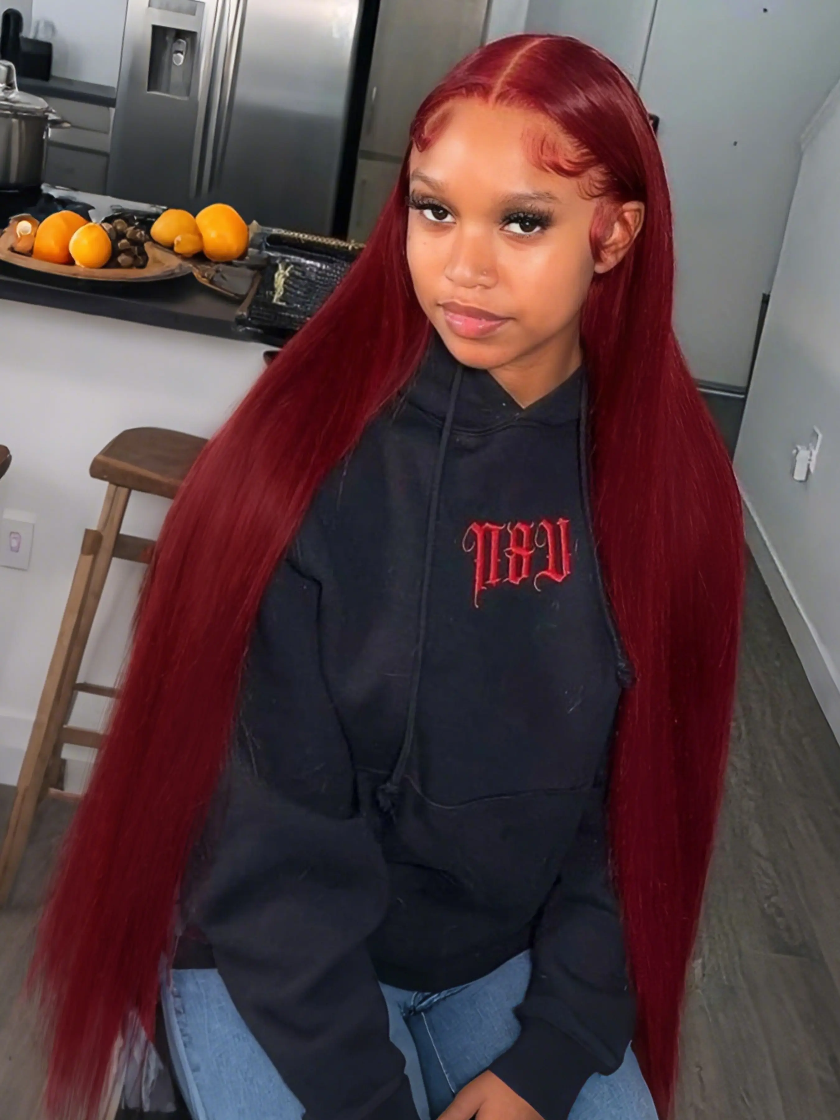 32 Inch Burgundy Straight 13x4 Lace Front Wigs HD Transparent Lace Frontal Wig Pre-Plucked Natural Hairline Heat Resistant Fiber Free Part Red Concert Look Straight Wig Coachella Festival Look Lace Frontal Wigs Black Woman Wigs