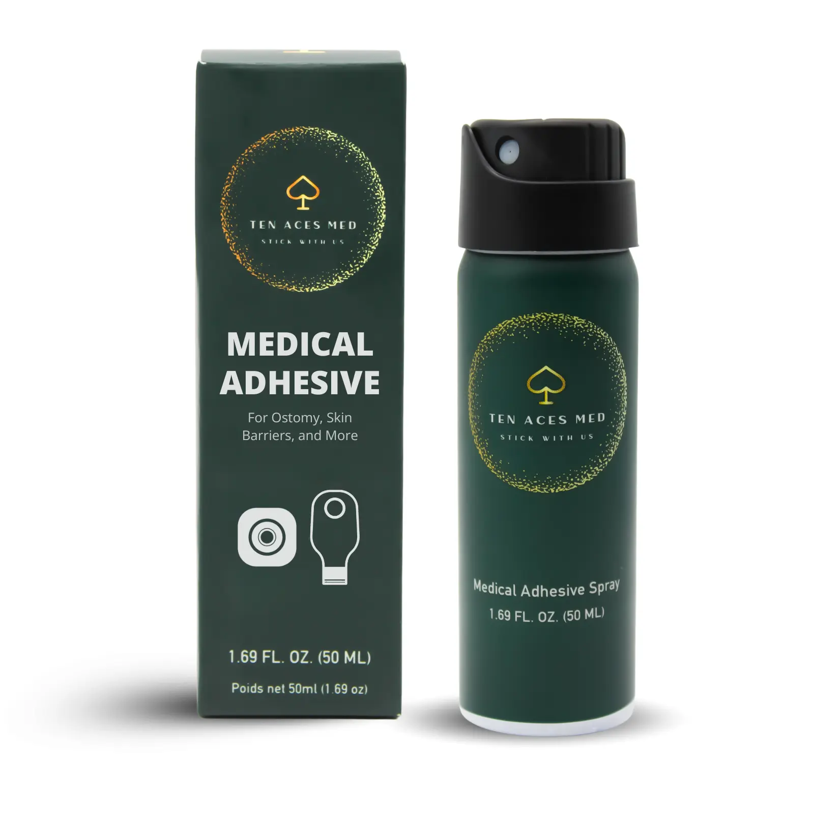 Ten Aces Medical Adhesive Spray | 50 mL (1.7 oz) | Medical-Grade Silicone Adhesive for Ostomy, Catheters, Bandages & Prosthetics with 360° Spray Nozzle | Liquid-Resistant, Secure Hold