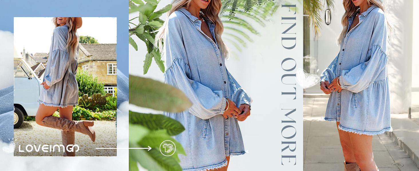 Women's Oversized Distressed Denim Button-Down Shirt Tunic Dress: Flowy Mini Jean Dress with Pockets SpringStatements