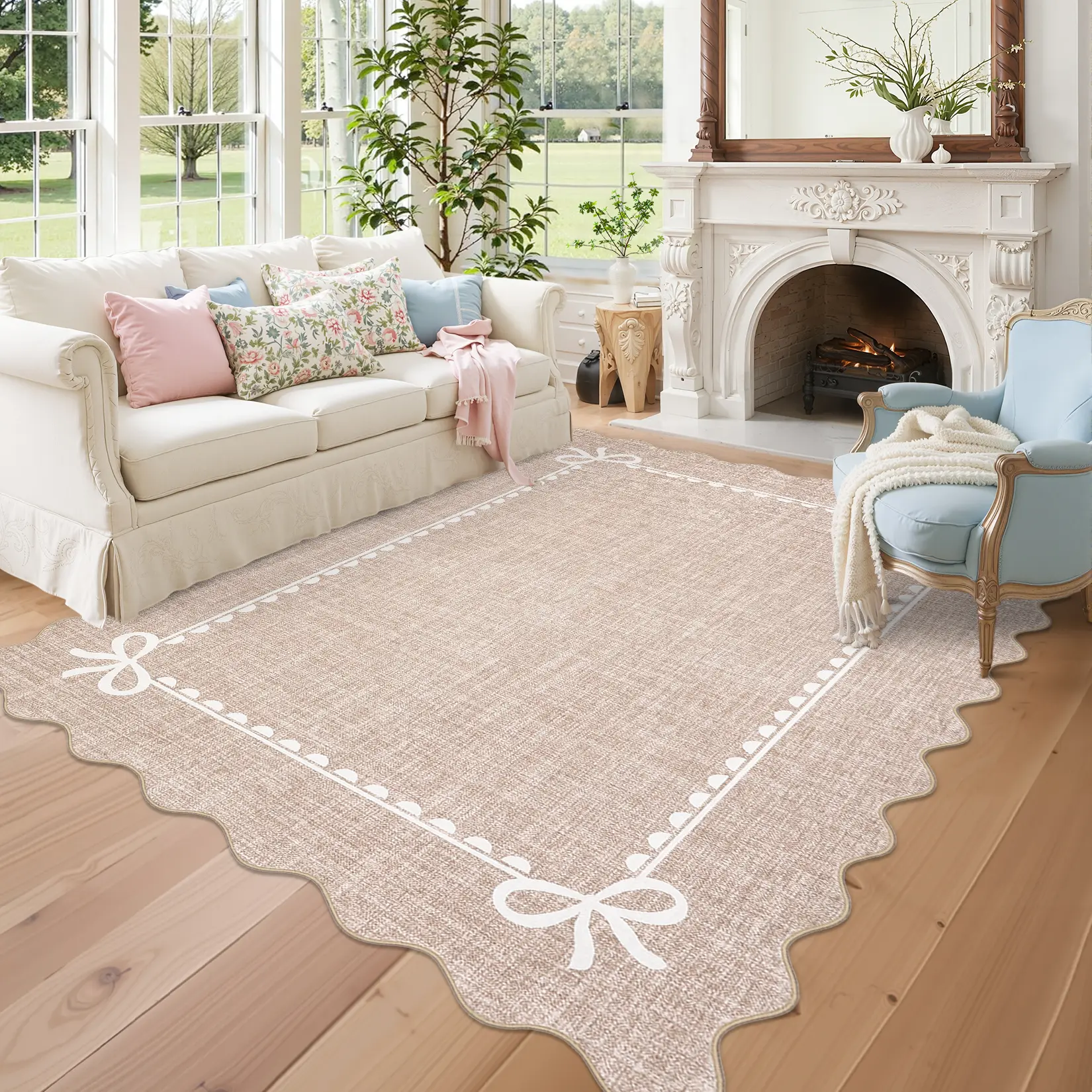 Fan-shaped Solid Color Bow Border Rug - Washable, Soft, Non-slip Stays Put Grip, Low-pile, Non-shedding, Machinewash Easy, Rolls for Storage - Living Room Decor for Bedrooms, Farmhouses, Apartments