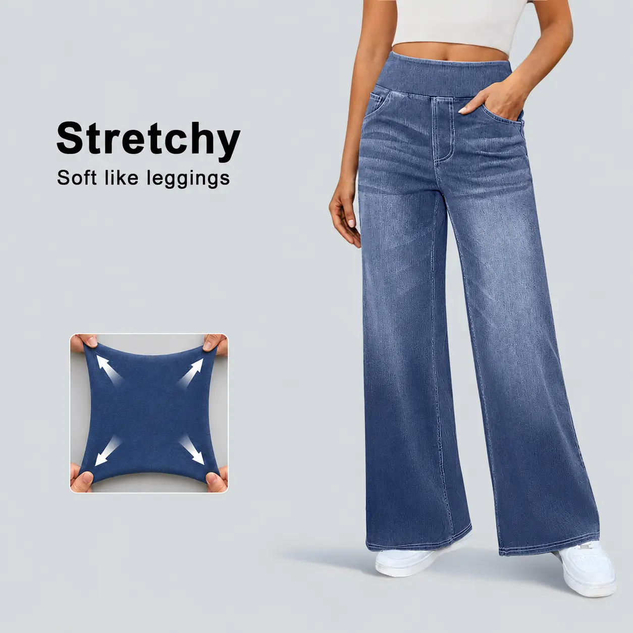 FireSwan Jeans for Women, High Rise Wide Leg Relaxed Fit, Pull-On Stretch Knit Denim Pants with Elastic Waist and Pockets, Streetwear Women's Clothes, High Rise Denim,clothes for back to school,first day of school outfits