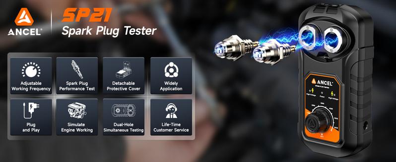 ANCEL SP21 Upgraded Spark Plug Tester, Double Hole Testing Spark Plug Detector, 0 to 6000RPM Adjustable Working Frequency, Automotive Ignition Analyzer Diagnostic Tool for Car & Motorcycle 12V Vehicles