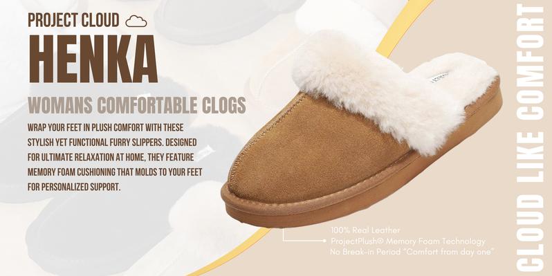 Project Cloud Women's | Shearling Slippers for Women Lightweight Memory Foam Insole Fuzzy Slippers, Non-Slip Sole, Casual Clogs & Mules, Genuine Suede Upper Girl Footwear - Henka