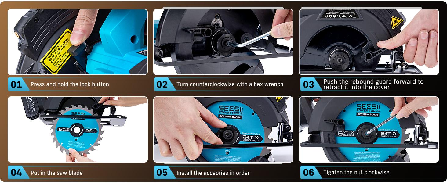 SEESII 21V MAX Cordless Circular Saw (6-1/2”) Luz, Guía láser, Recargable–2x 4Ah Batteries & Mango auxiliar incluido, 2-1/4” Cutting Depth, 5200 RPM, 0-45° Bevel Capacity, Portátil ajusten profundidad para proyectos al aire libre, Home DIY, Pro Use CS610
