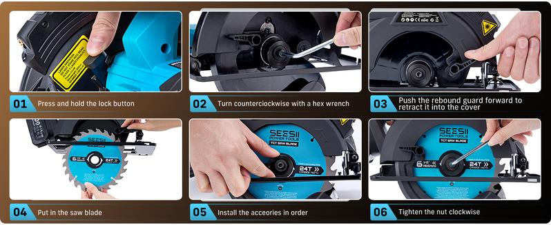SeeSii MAX Circular Saw 6-1/2“, with Light, Laser Guide, Rechargeable, Includes 2x4Ah Batteries and Auxiliary Handle, 5200 RPM, 0-45° Bevel Angle, Portable with Adjustable Depth Circular Saw for Outdoor Work, Home DIY, and Professional Use CS610B