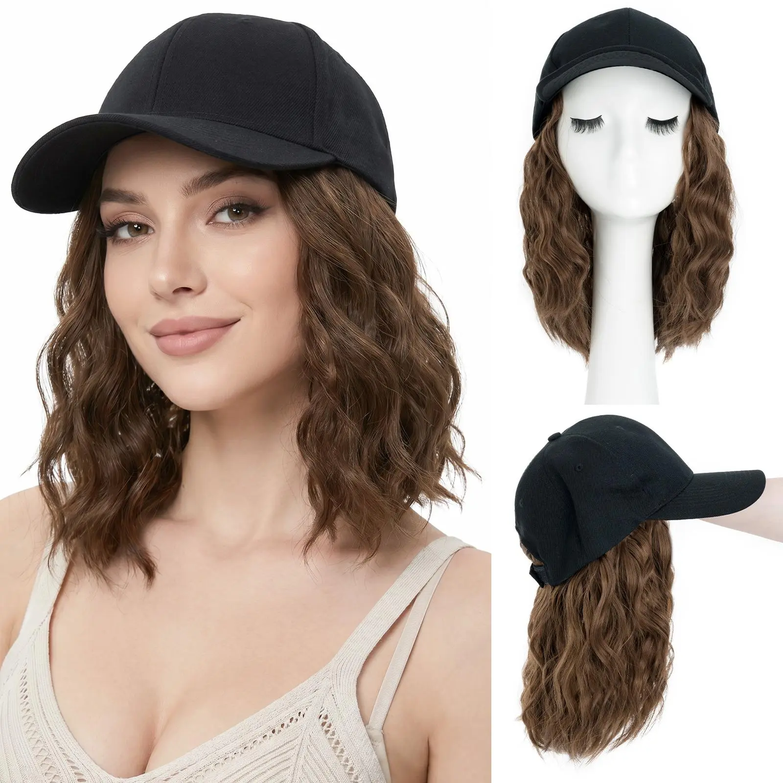 SEGOHAIR Baseball Hat Wig with Hair Extensions 8 Inch Short Curly Wavy Hairstyle Throw & Go Wig Heat Resistant Synthetic Hair Adjustable Baseball Cap Wig for Women Natural Looking Daily Wear Easy to Put On No Glue Easy Care Fashionable Convenient Hat Wig