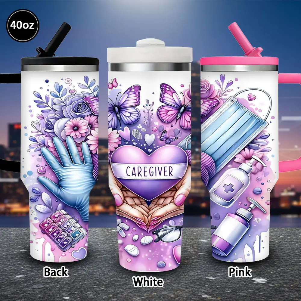 1 pc 40 oz Caregiver Heart Insulated Tumbler with Lid and Straw, Winter Vacuum Insulated Travel Mug, Gift for Women, Ideal for Valentine’s Day, Iced/Hot Coffee Cup