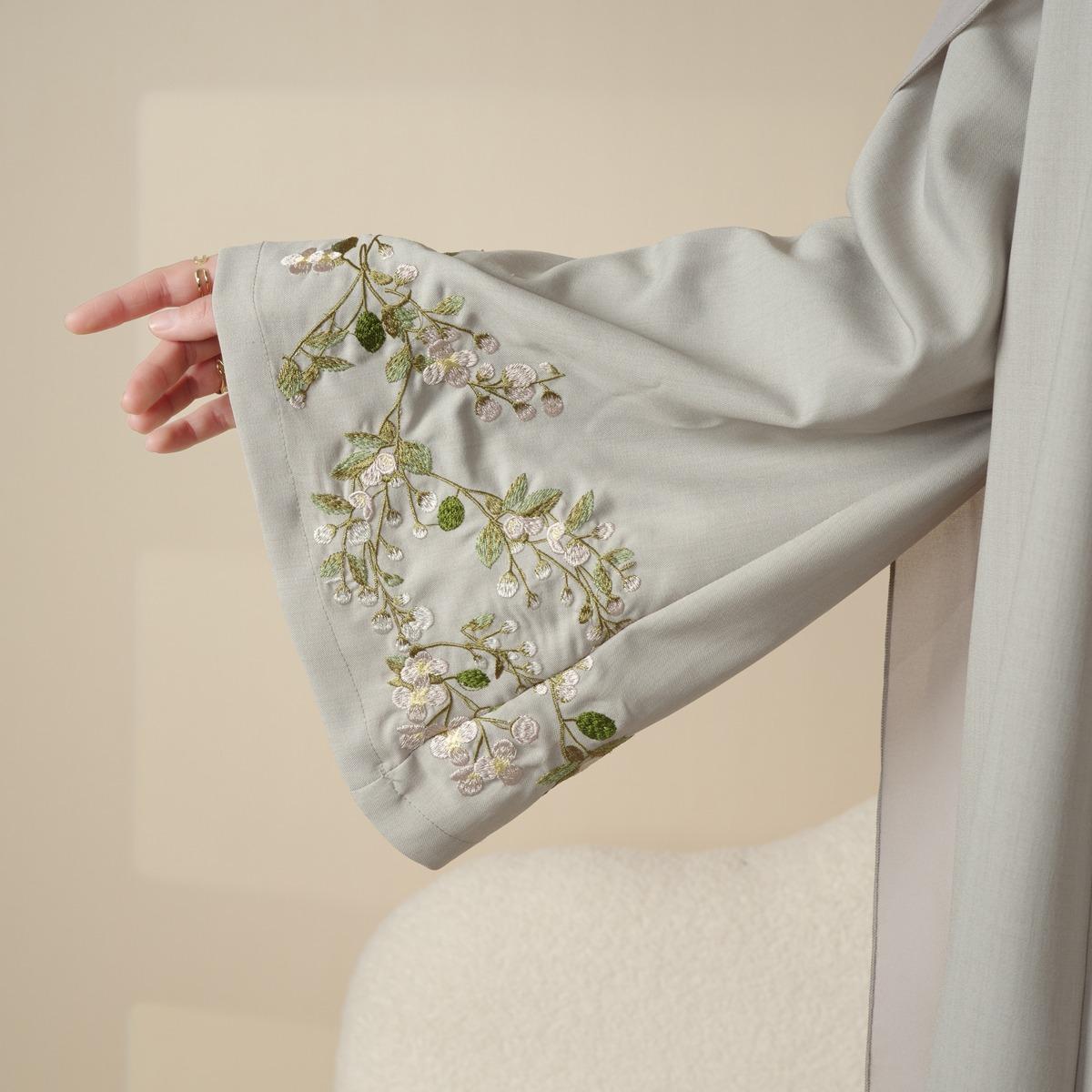 Olive Branch Embroidered Linen Abaya Set | 4-Piece Handmade Design | Jasmine & abaya coats | Symbol of Peace & Resilience | Includes Open Abaya, Inner Dress, Hijab, Belt | Modest Fashion | Full-Length, Wide Sleeves | Perfect for Weddings elega