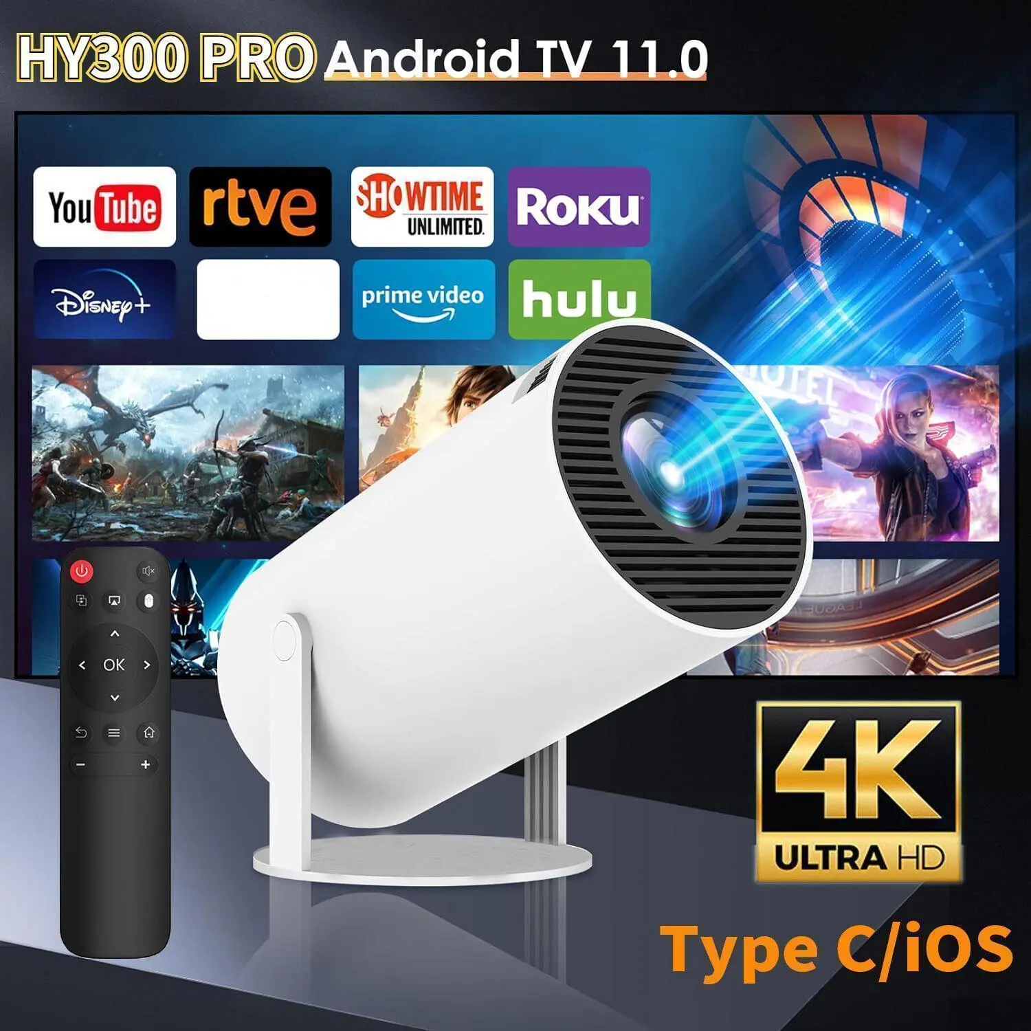【Back To School Gift】Smart 4K Projector WiFi Bluetooth - Mini Projector Android 11.0, 270° Adjustable, Auto Keystone Correction, Short Throw Projector 1080P HD, Portable,for Valentine’s Day Gift
