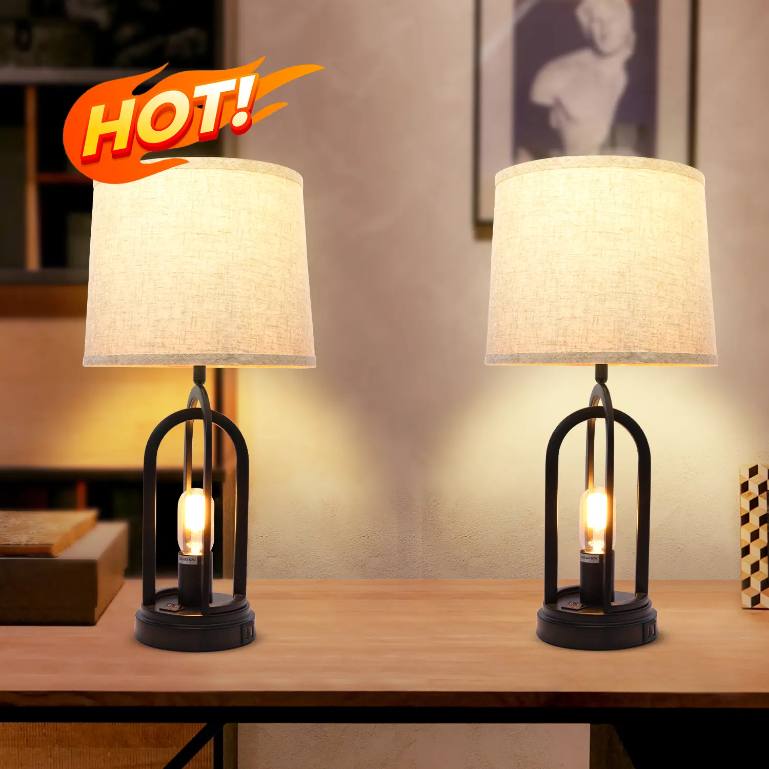 GLITGATE Rustic-Style Table Lamp, Natural Table Lamp with 2 USB Ports, Bedside Table Lamp with Button Control, Modern Night stand Lamp, Desk Farmhouse Lamp with Fabric Shad For Bedroom, Living Room, Reading, Decorative Home, Stockup Mothersday