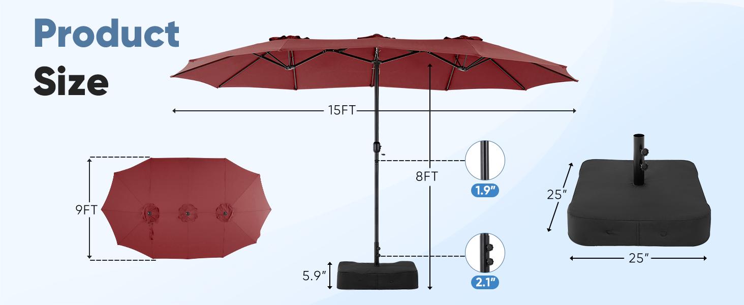 15ft Large Patio Umbrella with Base Included, Rectangle Table Umbrella Outdoor Patio, Outside Umbrellas for Deck, Market, Backyard