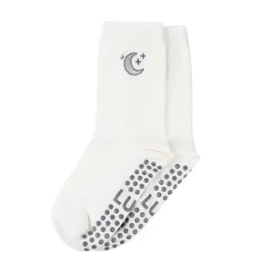 Luna Pilates Sock - Cream Moon-Star Embroidery Non-Slip Grips All-Day Comfort One-Size-Fits-All for Pilates Yoga Barre
