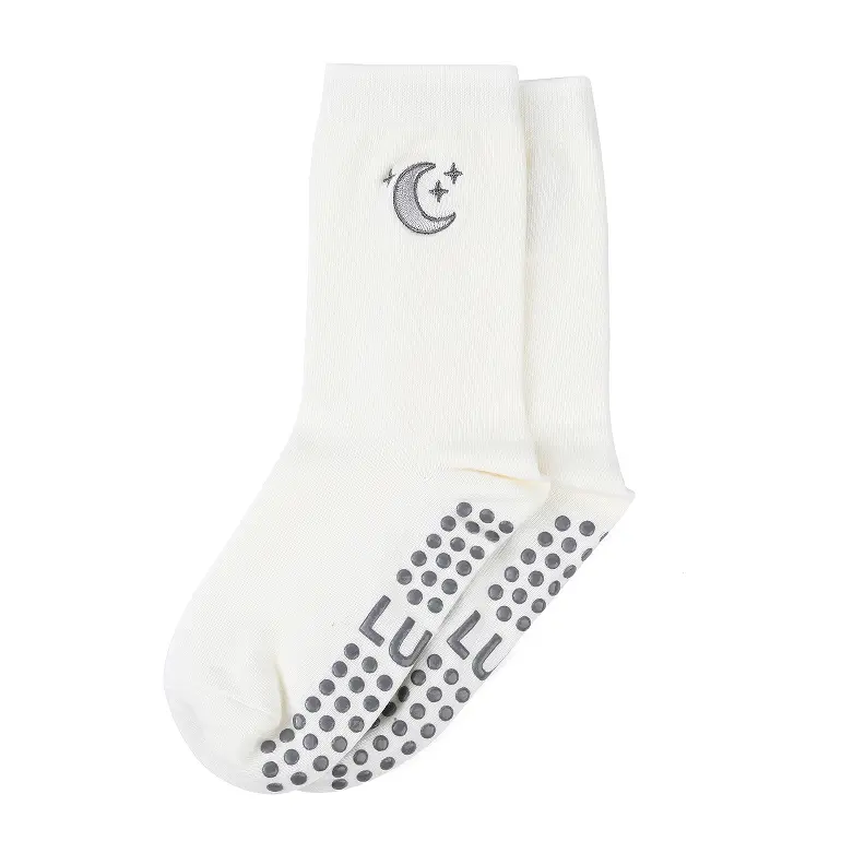 Luna Pilates Sock - Cream Moon-Star Embroidery Non-Slip Grips All-Day Comfort One-Size-Fits-All for Pilates Yoga Barre