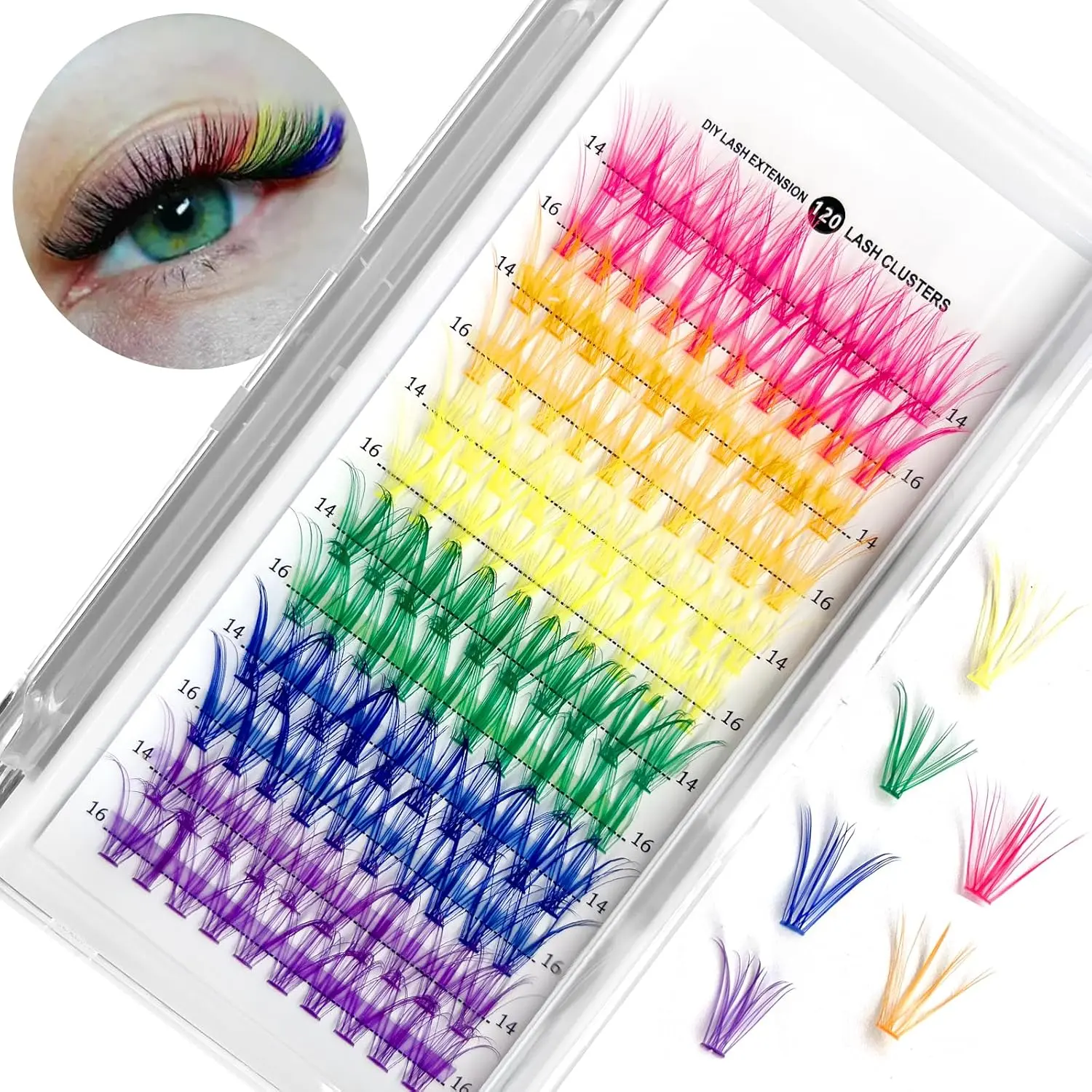 Women's Colored DIY Lash Extension Makeup Kit for halloween - 120PCS D-Curl Individual Eyelash Clusters, 6-Color Rainbow, 14mm-16mm Mixed Soft Fluffy Reusable False Lashes