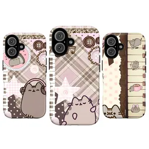 Cute Kawaii Pusheen Cat Phone Case, Aesthetic Soft Pink Coquette Phone Cover for iPhone 11–17 & Galaxy S21–S26, Y2K Cartoon Cat, Anime Kitten Tough Case,  Soft Girl Vintage Plaid & Piano Music Note Design, Girly Gift for Her