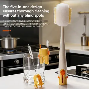 5-in-1 Multifunctional Cleaning Brush Set: Sponge Brush Head + Gap Brush + Straw Brush + Rim Brush + Remover, Fits All Cups, Deep Cleaning, Easy Disassembly & Storage, Perfect for Home Kitchen Cleaning