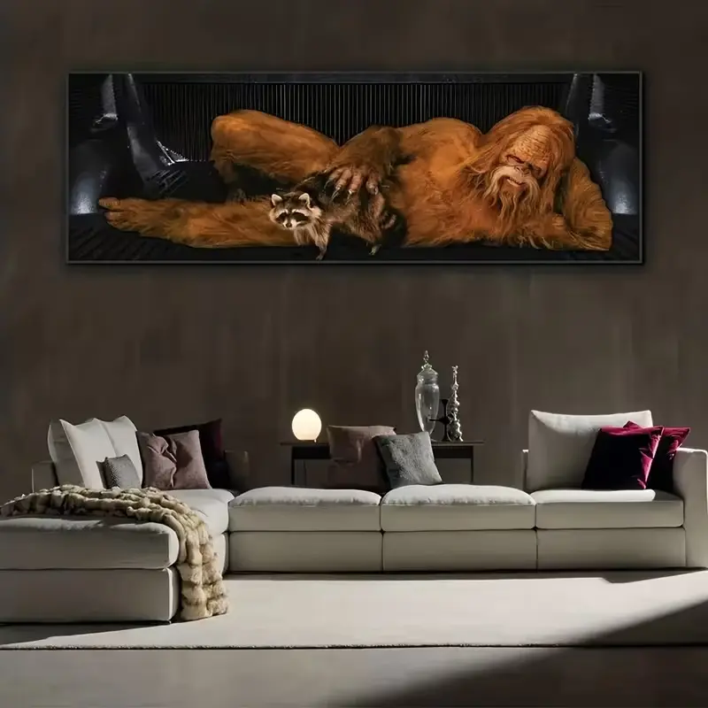 Funny Bigfoot Lounge Poster, Humorous Cryptid Art of Relaxing Sasquatch with Raccoon, Perfect for Man Cave & Gamer Room Decor