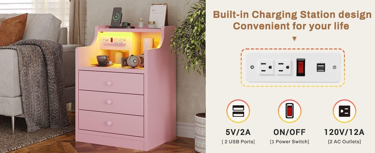 Sikaic LED Nightstand with 3 Storage Drawers Pink Modern Bedside Table with Built-in Charging Station and Open Storage Space Vanity Desk Design Sikaic LED Nightstand with 3 Storage Drawers Pink Modern Bedside Table with Built-in Charging Station and Open Storage Space Vanity Desk Design