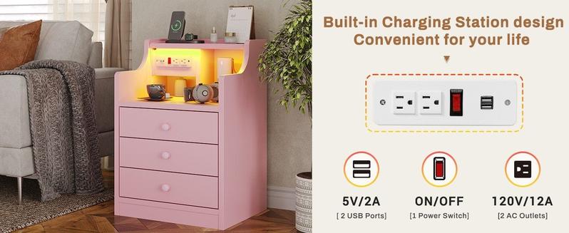 Sikaic LED Nightstand with 3 Storage Drawers Pink Modern Bedside Table with Built-in Charging Station and Open Storage Space Vanity Desk Design