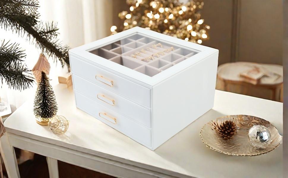 BOOVO 3-Tier Large Jewelry Box Organizer with Transparent Lid, Anti-Tarnish Velvet Lining Jewelry Case, High-End PU Leather Vanity Storage, Light Luxury Gift for Her
